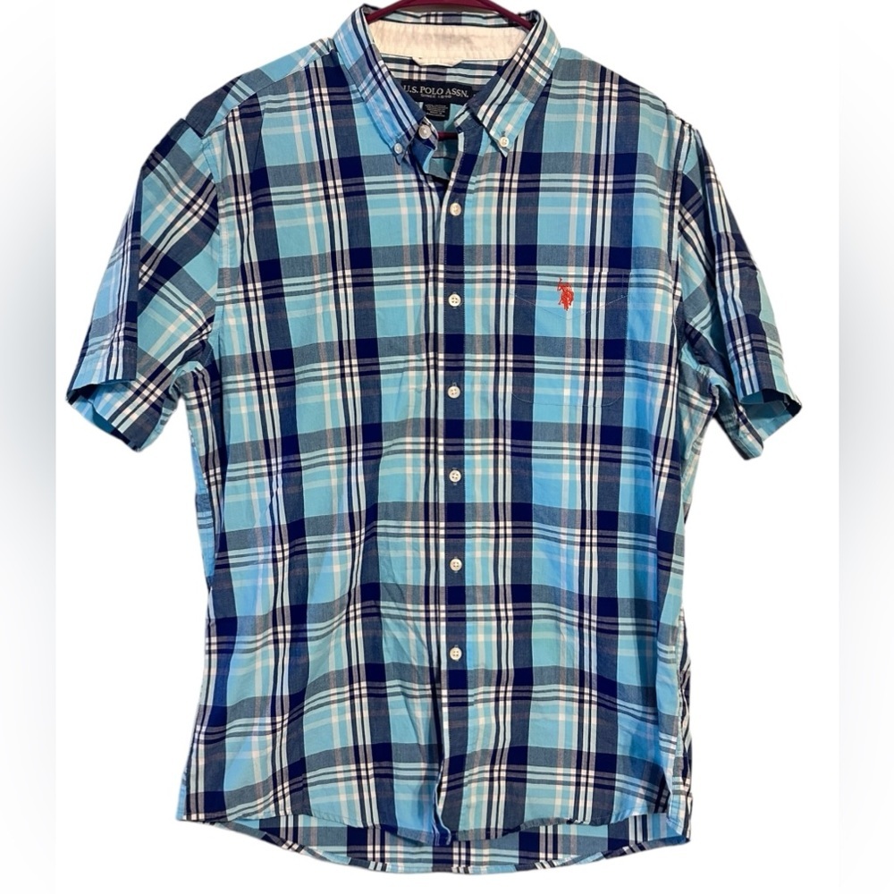 U.S. Polo Assn Blue Plaid Button Down Short Sleeve Shirt Size XL